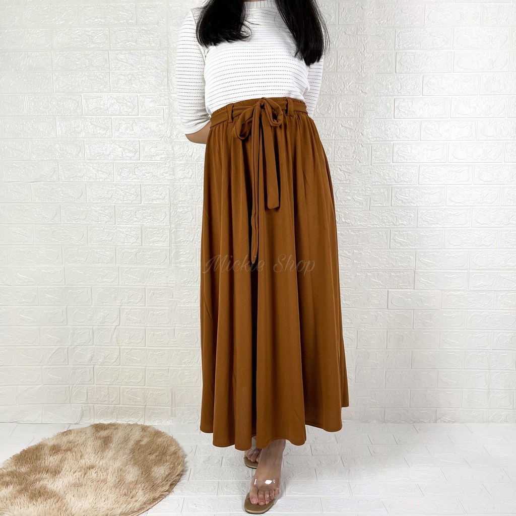 Rok Lebar Polos Payung Premium Import | Maxi Big Size | Flare Skirt Panjang |Mayung Basic Tali Jumbo-Brown Rok Tali