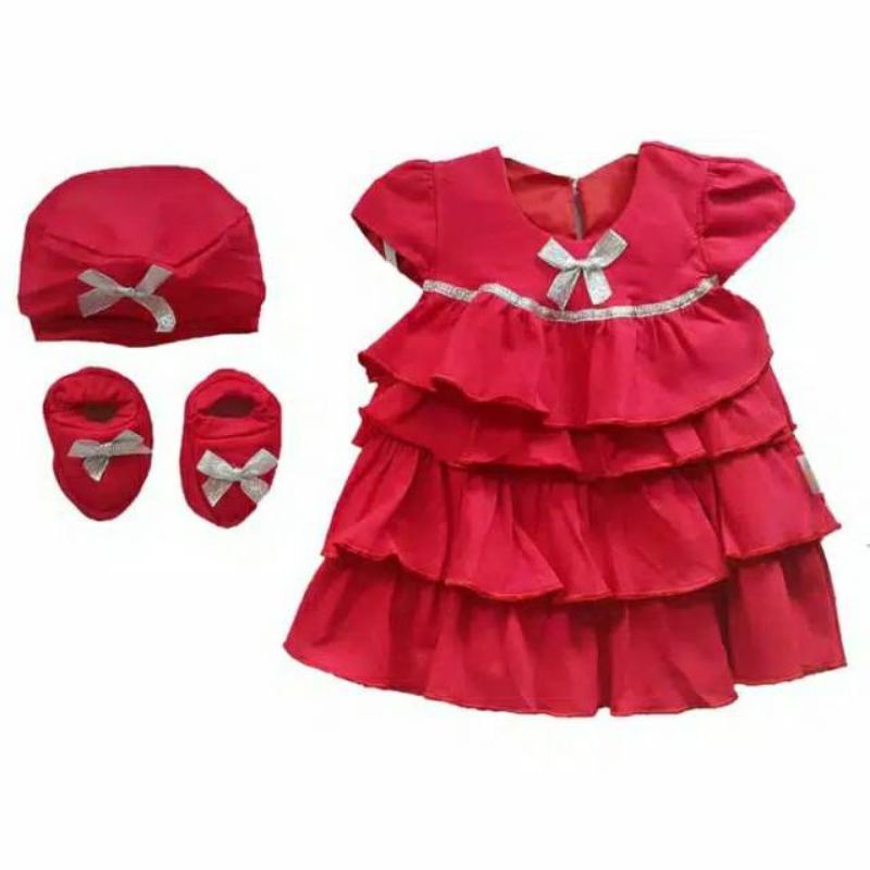 TERBARUU!!! BAJU BAYI 3IN1 SETELAN BAYI DRESS BAYI SATU SET-DRES BAYI PON PON SUSUN MERAH-BAJU BAYI MERAH