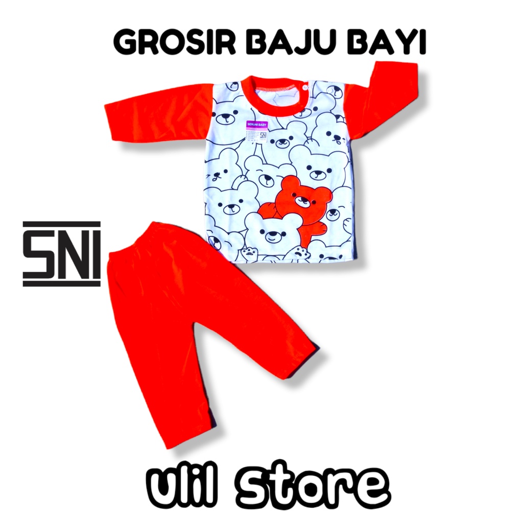 Setelan Baju Panjang SNI Kancing Pundak Seruni Baby Usia 3-15 Bulan Motif Doodle Bear