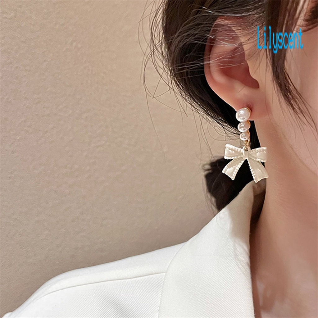 Ls 1 Pasang Anting Tusuk Gantung Wanita Desain Pita Hias Mutiara Imitasi Gaya Korea Untuk Pesta