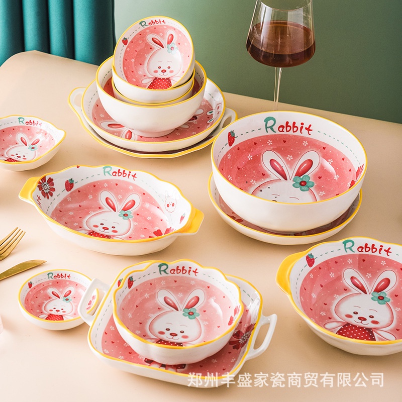 Piring Keramik Jepang Korea Kartun Shying Rabbit &amp; Smiling Bears