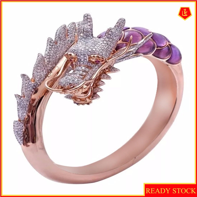 [Ready Stock]Domineering Dragon Head Diamond-Studded Ring 18K Rose Gold Fashion Exquisite