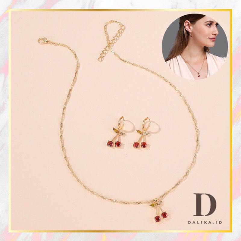 Set Kalung Anting Wanita Model Buah Cherry Merah Fashion Aksesoris Dalika