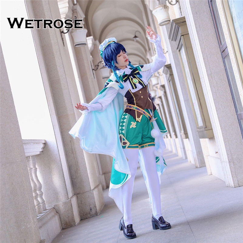 【Wetrose】Genshin Impact Cosplay Venti Dress Coat Short Sleeve Top Uniform Set Costume Party Show Event Wanita Pria Kostum, Venti Wig