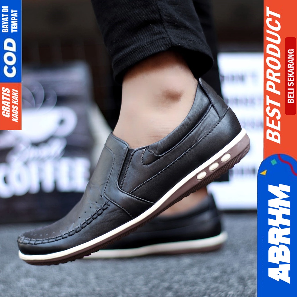 Abrhm Parker - Sepatu Casual Slip On Pria Kulit Asli Kerja Hitam