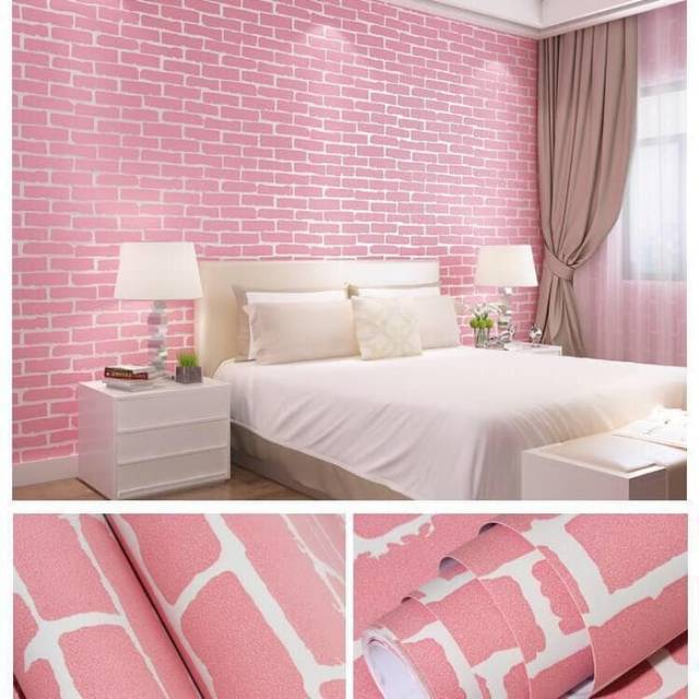 Wallpaper stiker dinding motif bata pink list putih