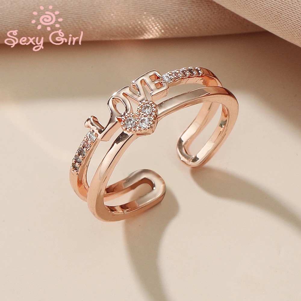 Cincin Multilayer Adjustable Desain Hati Hollow Hias Berlian Gaya Korea Untuk Wanita