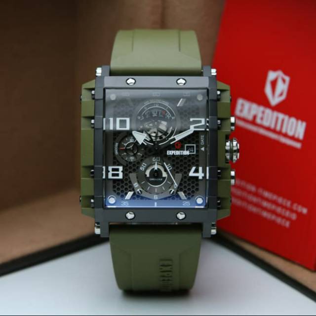 EXPEDITION 6757 Jam Tangan Pria Sporty Black Green Tombol Silver Original