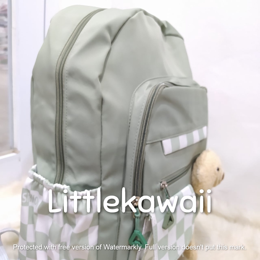 LK/Tas Ransel Laptop Backpack Parasut Sekolah Fashion Korean Style Anak Remaja Kantong Boneka Bear Square Import