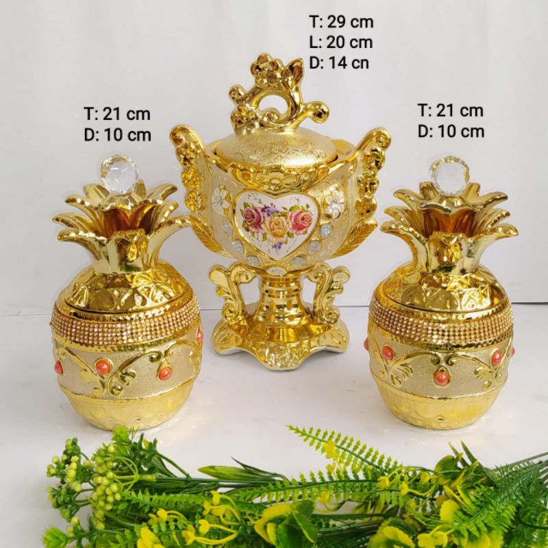 pajangan keramik nanas gold set 3