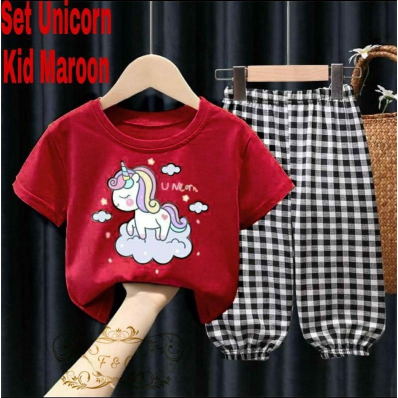 3 UKURAN S M L SET UNICORN KID FASHION PAKAIAN ANAK PEREMPUAN SETELAN BABYETRRY KOMBI KATUN KOTAK FEHM