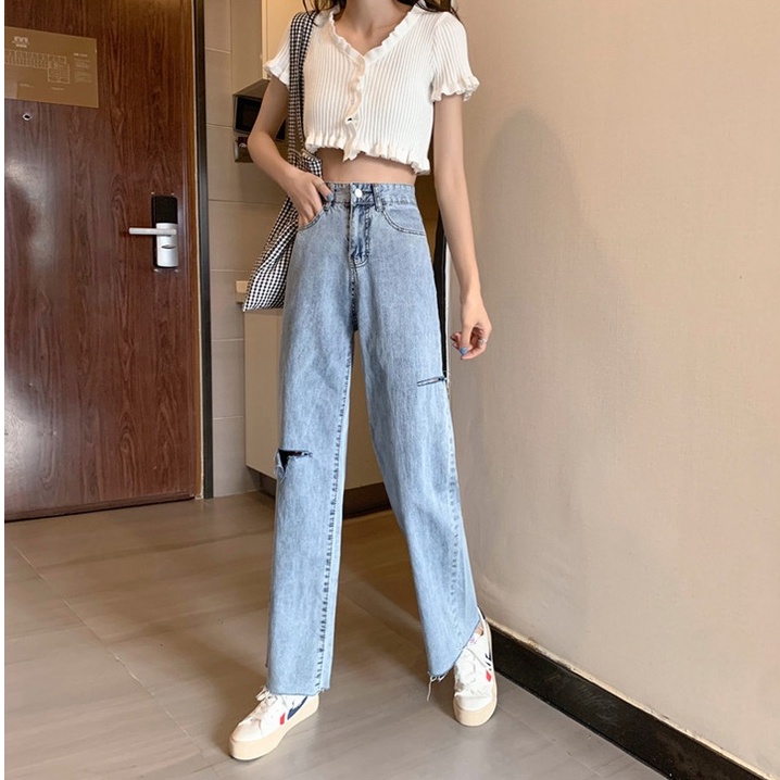 sobek jeans korean highwaist celana jeans panjang wanita Import（realpict）