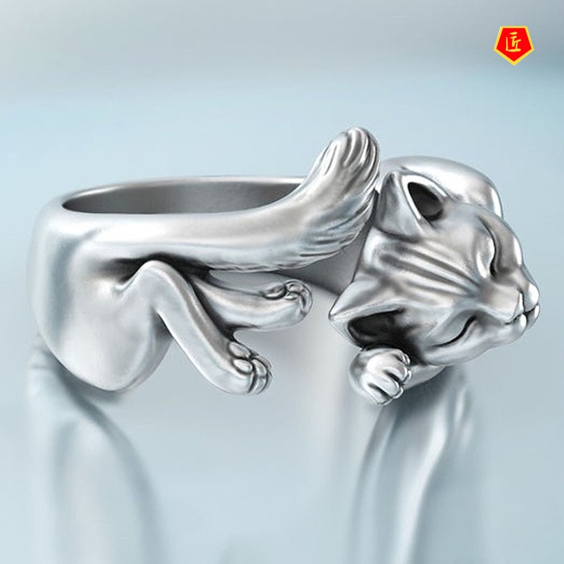 [Ready Stock]925 Retro Silver Black Cat Totem Ring Fashion Personality