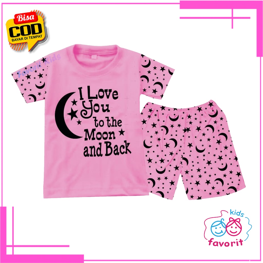 Favorit kids Baju tidur anak perempuan lengan pendek celana pendek gambar bulan dan bintang fullprint
