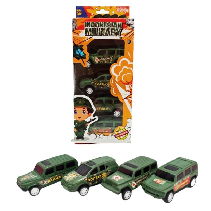 MAINAN MOBIL INDONESIAN MILITARY VEHICLE PULL BACK RKC 02136-1 ISI 4 PC- MAINAN ANAK