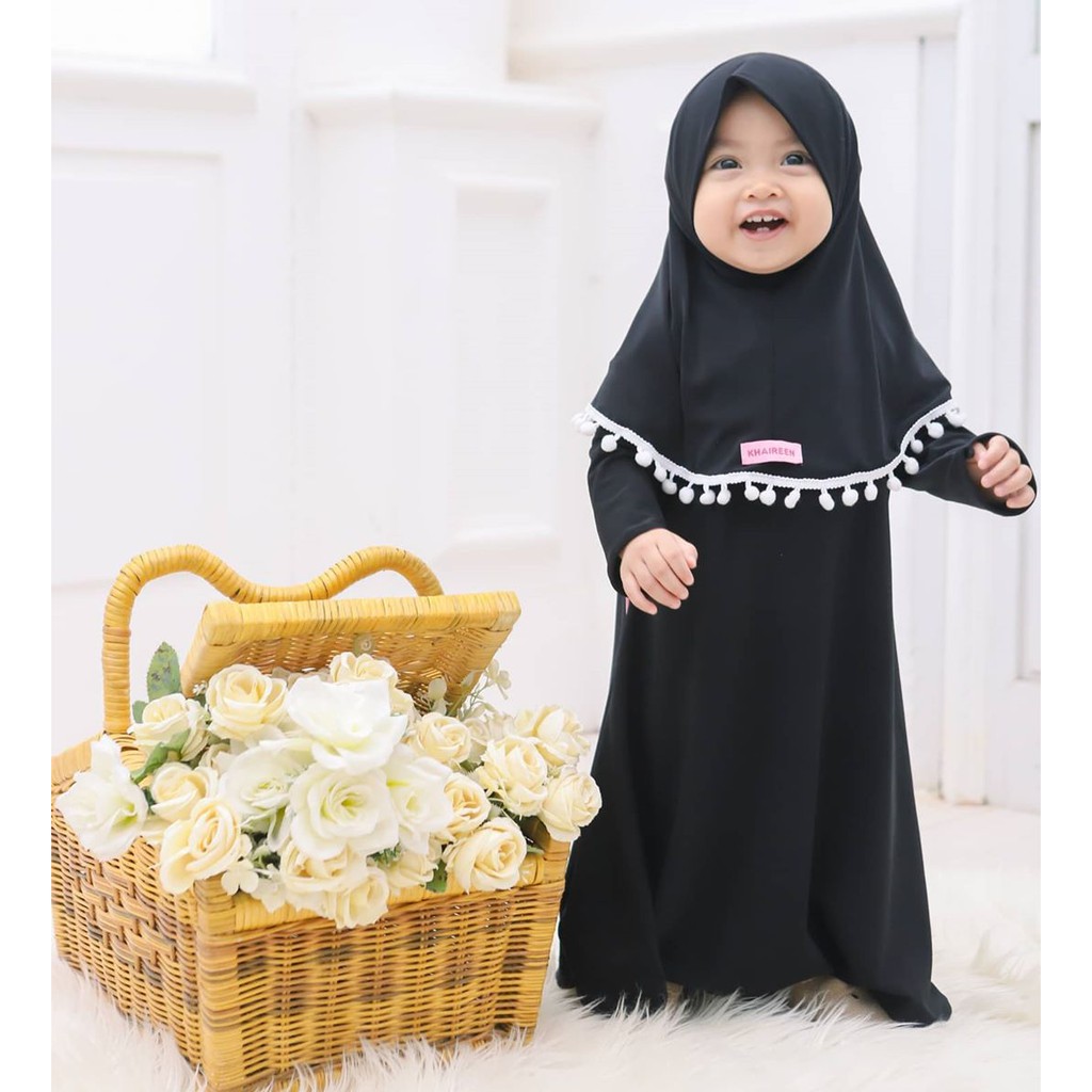 Baju Muslim Anak Perempuan / Gamis Anak Perempuan Cantik Pompom Jersey Import 1 Tahun / Gamis Bayi