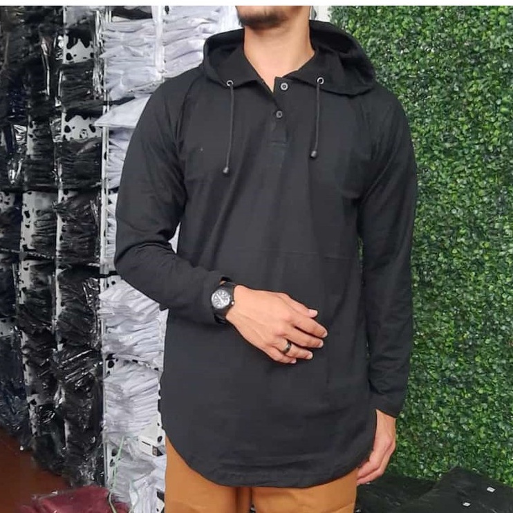 kaos kurta hoodie lengan panjang kaos hoodie kurta lengan panjang Hitam