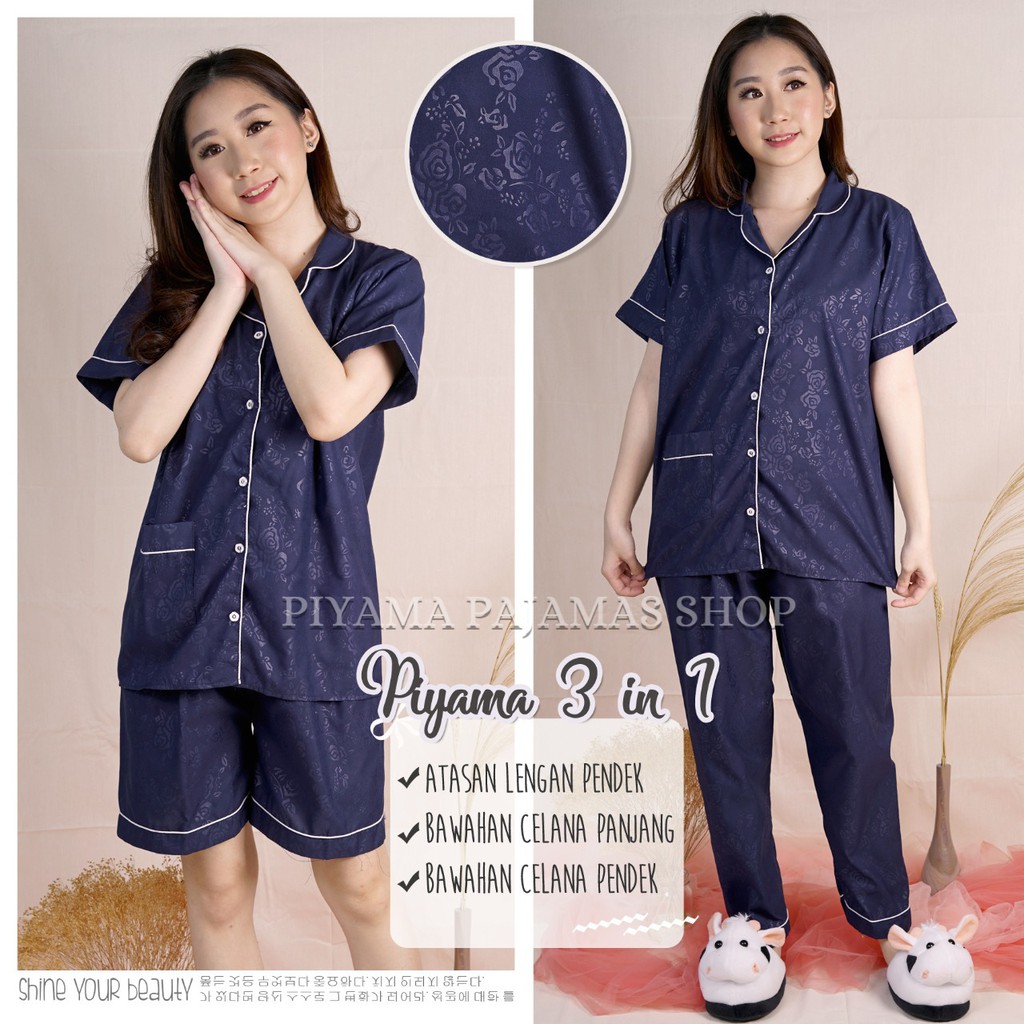 BAJU TIDUR SATIN EMBOS  3IN1/PIYAMA 3IN1 WANITA SATIN EMBOS