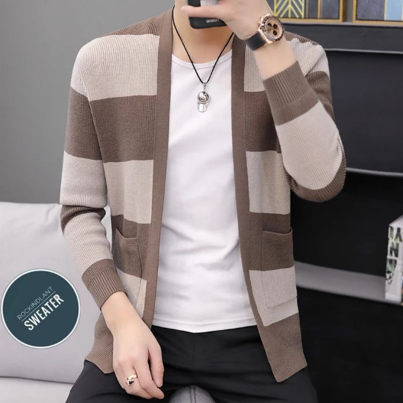 Cardigan Rajut Pria Cotton Combed/Cardigan Rajut Garis/Sweater Korea