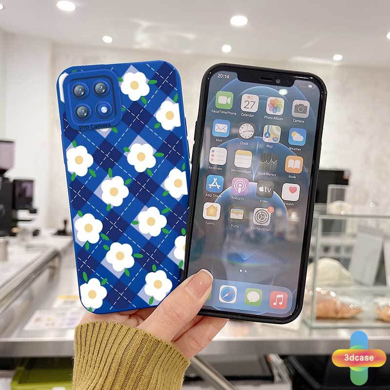 Soft Case Realme C11 2021 C21Y C15 C21 C25 C20 C3 C12 C25S 5 5S 5i C17 7i C1 C25Y C2 C3i 6i C20A realme Narzo 20 10 10A 20A 30A Klein Blue Plaid White Flower Anti-fall Case