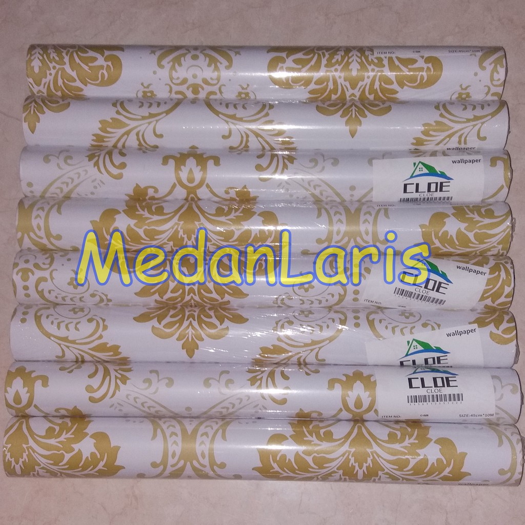 Wall Sticker Dinding Batik Emas Gold Latar Putih Wallpaper Kertas Stiker Model Klasik Berkelas Bagus