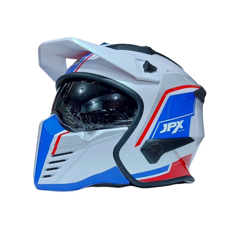 Helm JPX MX 726-R TRITONE Motif MX 01 Putih Biru Merah Half Face Full Face