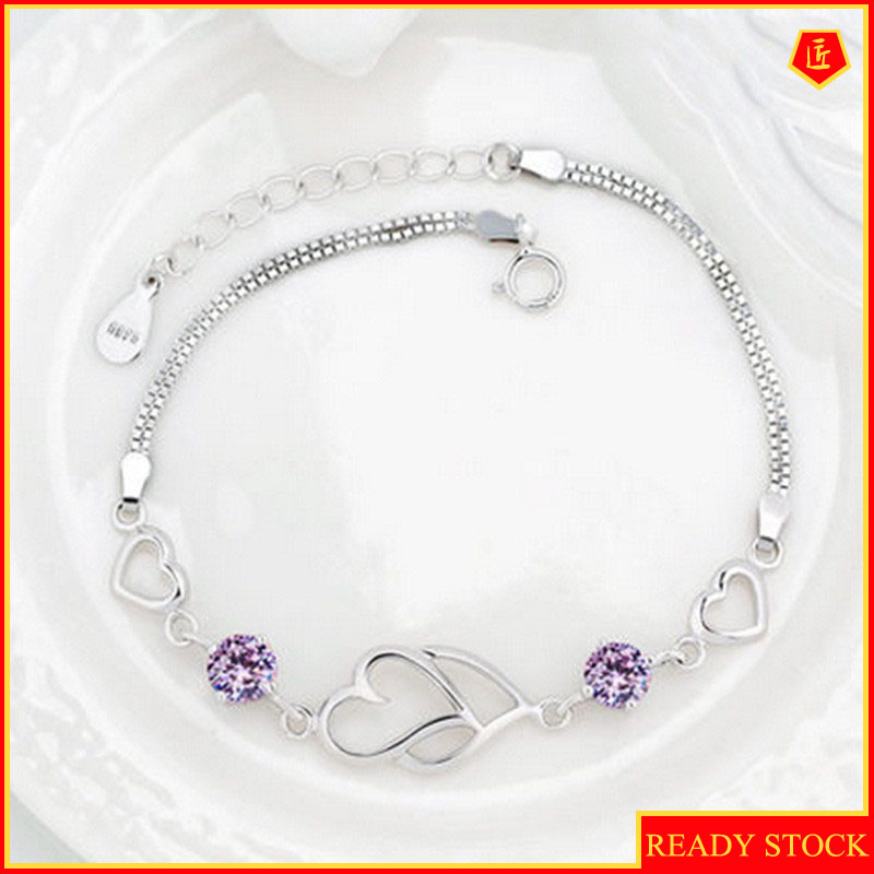 [Ready Stock]Fashion Elegant Silver Plated Inlaid Amethyst Heart-Shaped Bracelet