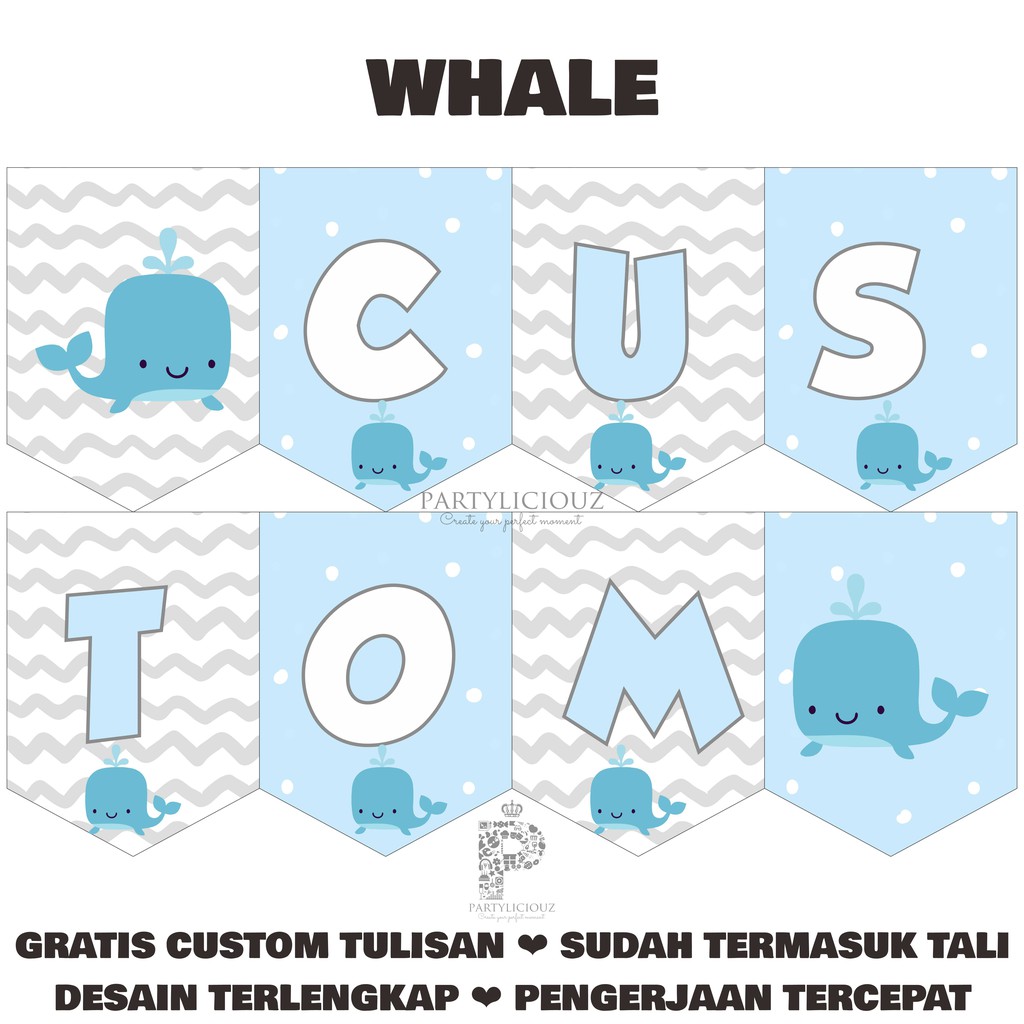 Whale Bunting Banner Flag Custom - Bendera Pesta Ulang Tahun Tasyakuran Aqiqah Baby Shower Khitanan