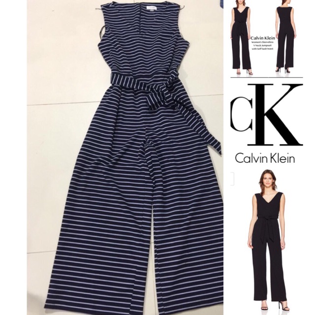 (J320) Calvin klein women sleeveless v neck jumpsuit with slef sash waist and Zip back