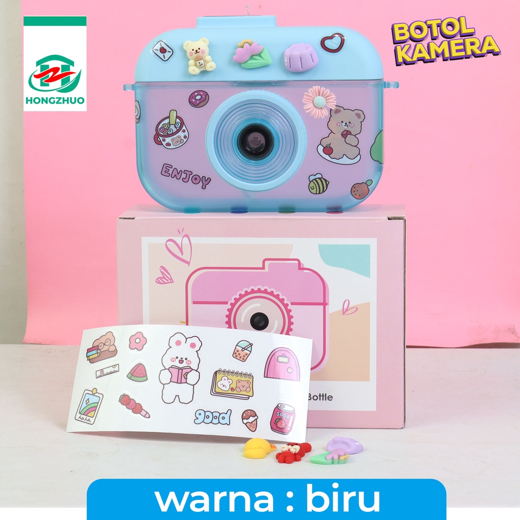 Hongzhuo Camera Bottle / Botol Kamera Unik / Botol Minum Anak Free Sticker Karakter 400ml BPA FREE-Biru