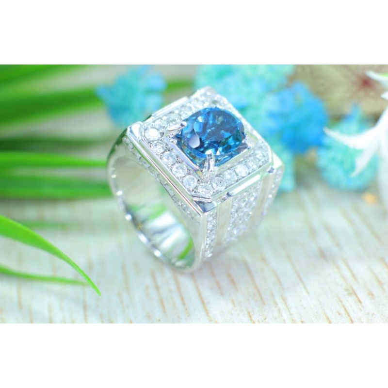 cincin berlian pria mata utama blue topaz keliling full berlian eropa sampai kesamping ring perak ri