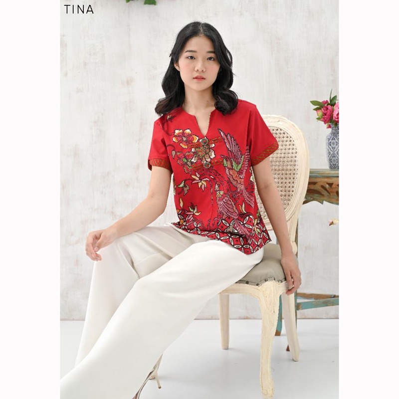 Evercloth Tina Blouse Wanita Atasan Wanita Batik Couple Top Jumbo Family Cheongsam CNY Imlek Merah