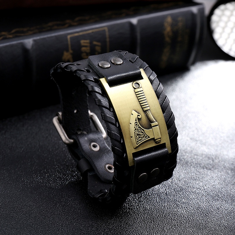 [Z H Perhiasan] Hip Hop Rock Retro Pria Fashion Stainless Steel Viking Rune Gelang Kulit Pesta Perhiasan Aksesoris