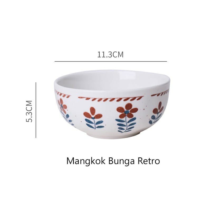 Mangkok Keramik Motif Bunga Retro - Diameter 11.5 cm