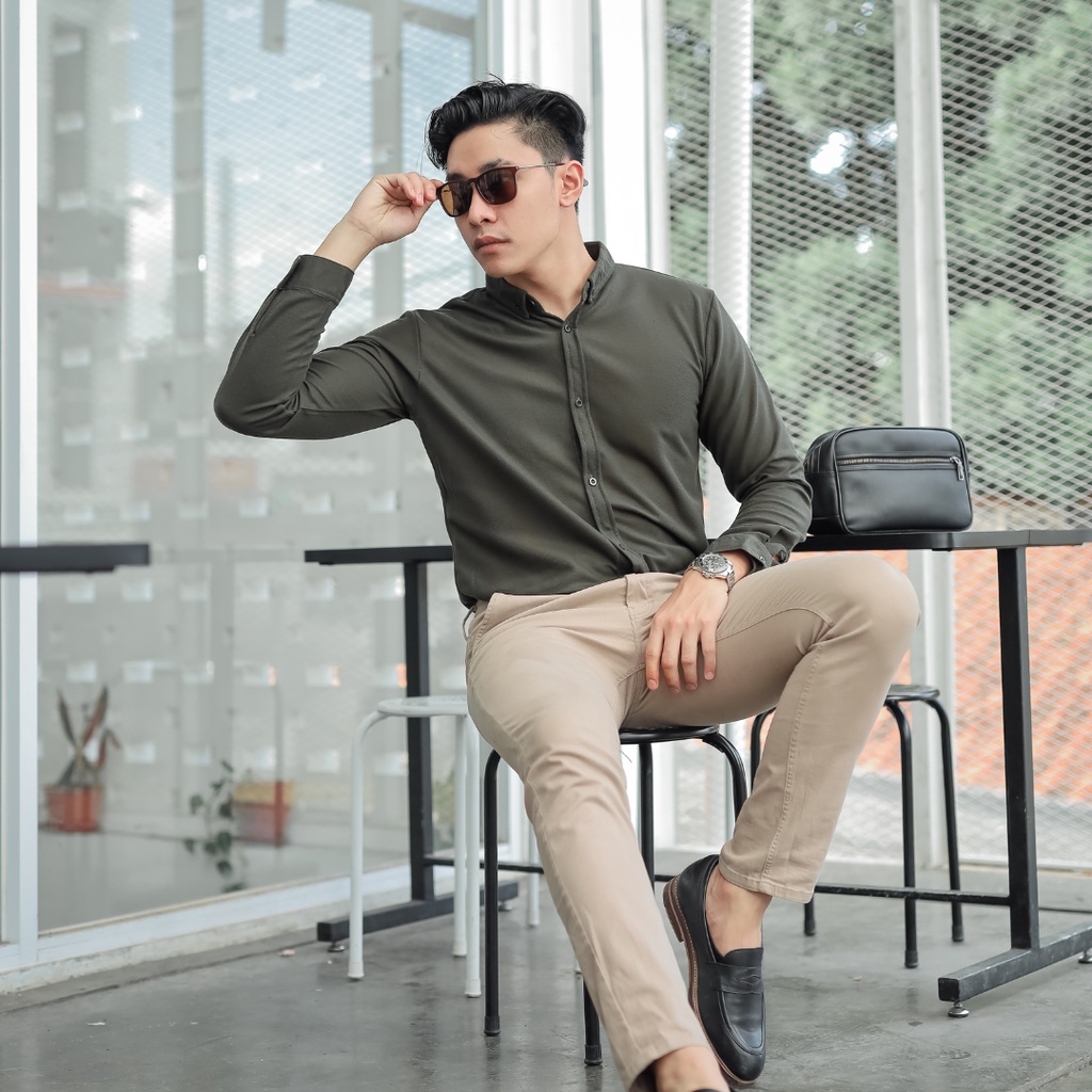 Kemeja Panjang Polos Slimfit Formal Besic Kantor Lengan Panjang Hijau