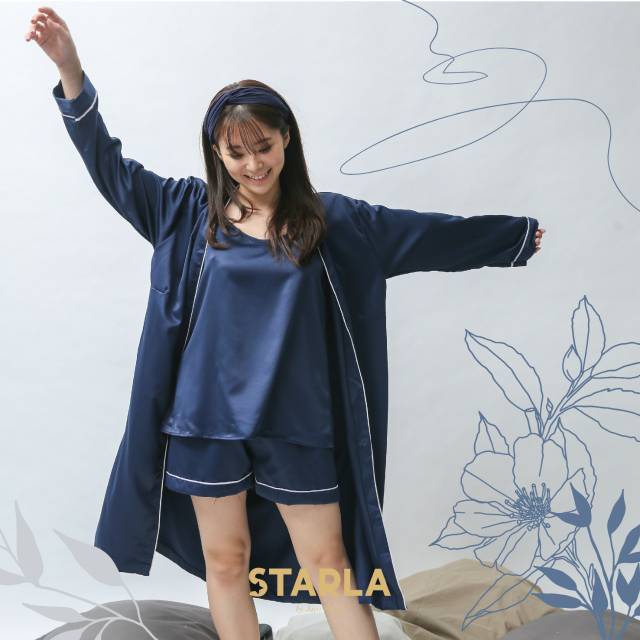 BAJU TIDUR SET 3in1 PIYAMA SATIN WANITA PREMIUM DEWASA KIMONO SELENE STARLA