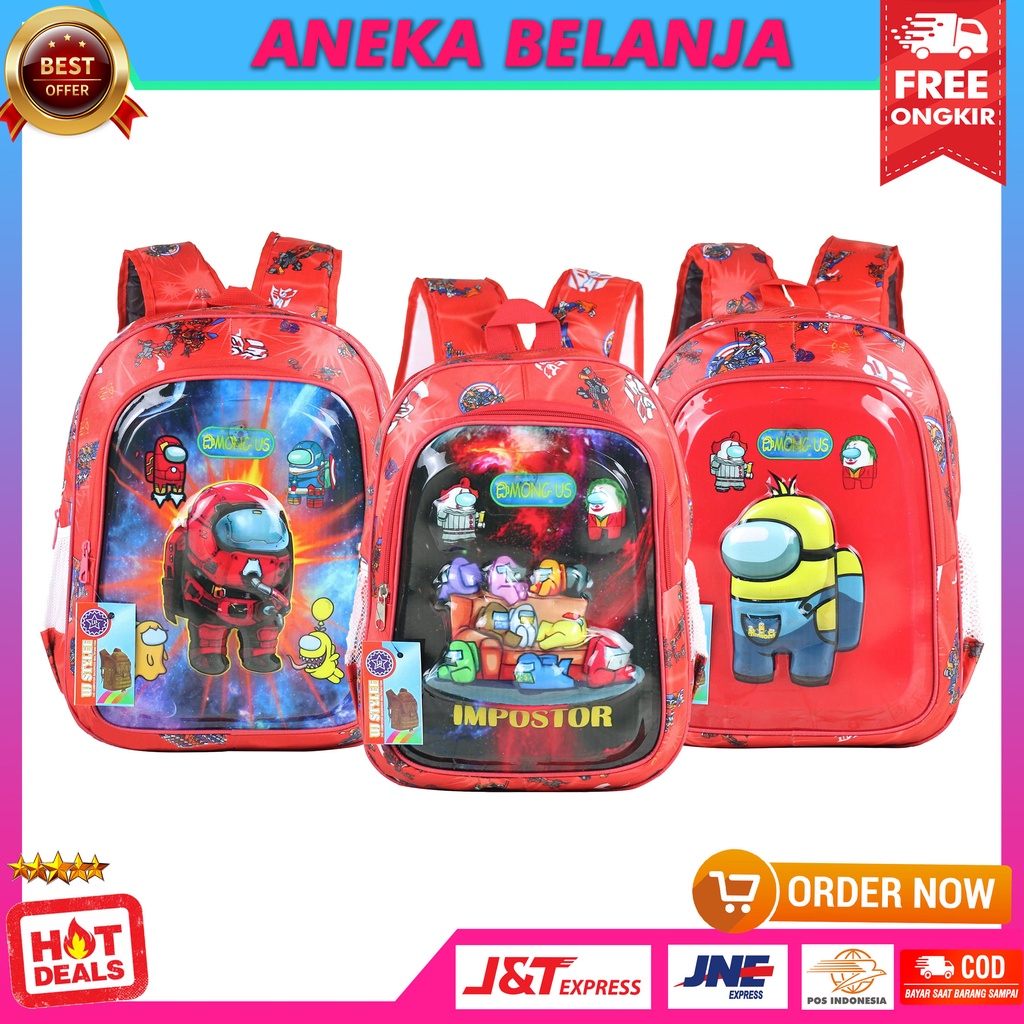 Ransel Anak Laki-Laki Motif Lampu Among Us Warna Merah Lucu Imut Cocok Untuk Sekolah Multifungsi