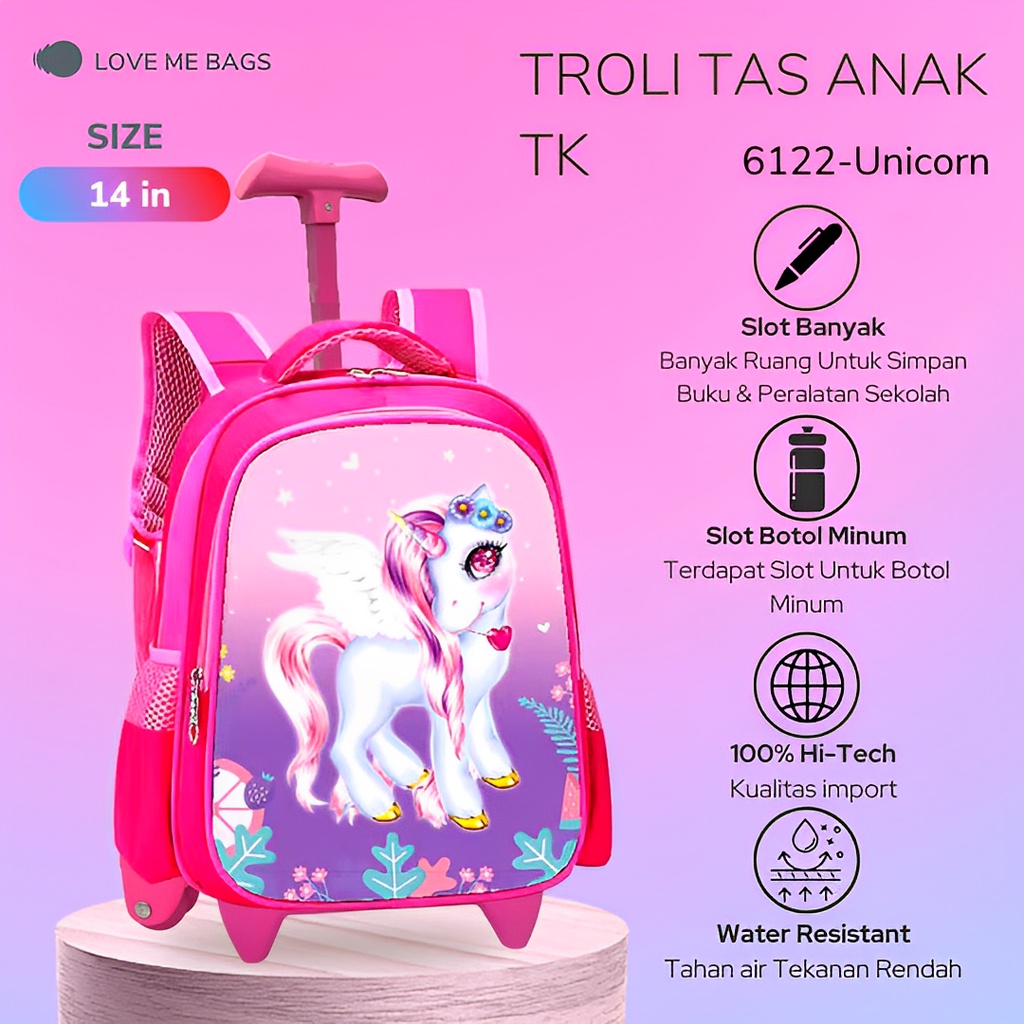 LMB Tas Troli Anak Sekolah Perempuan TK Bahan Nilon Premium Karakter Lucu Bagian Depan Timbul 6D