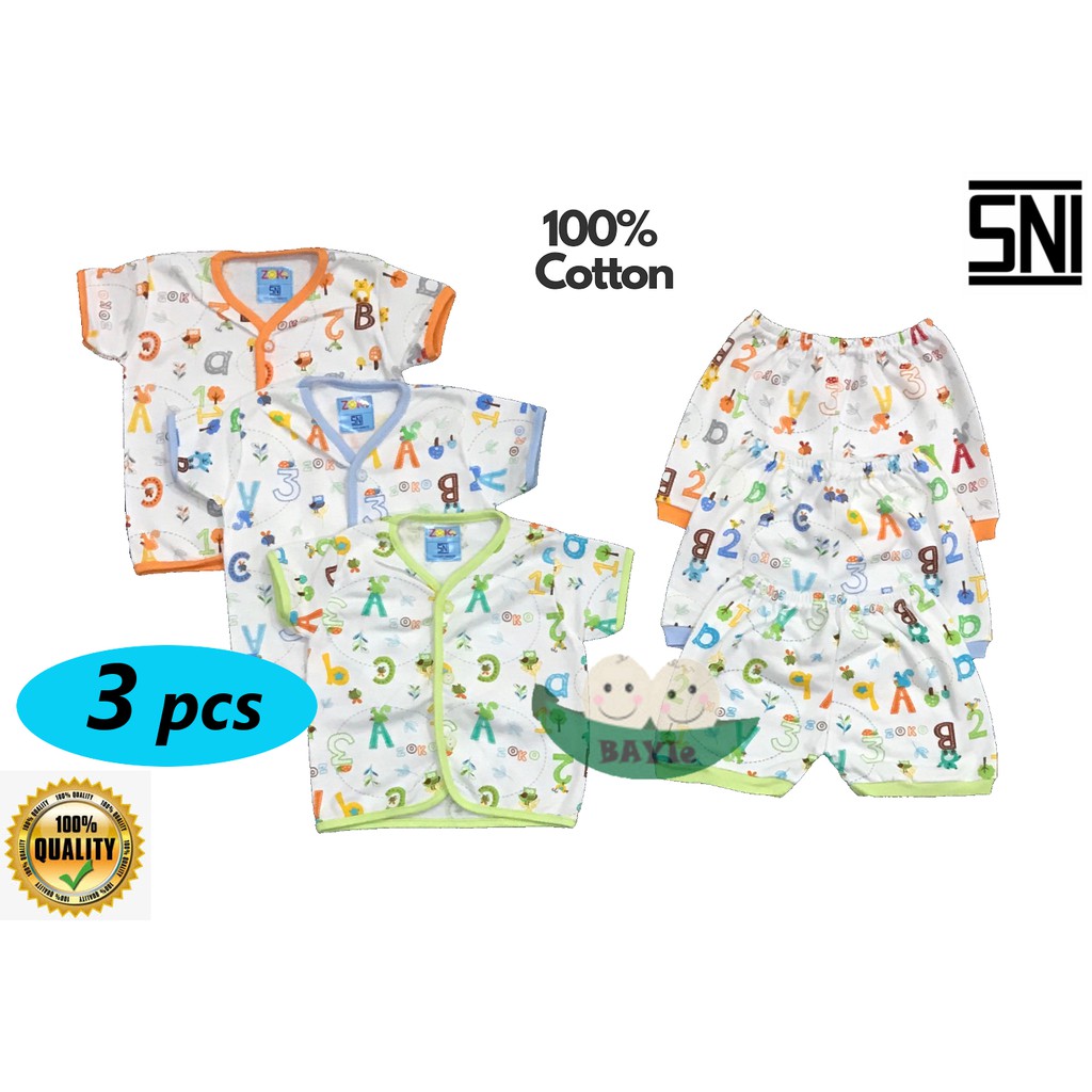 BAYIe - 3 SET Setelan Baju Bayi Pendek+Celana Pendek ZOKO 100% katun halus umur 0-3 bulan