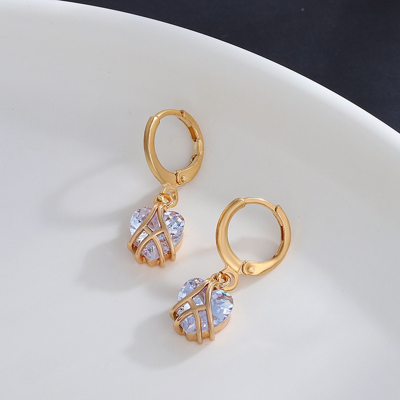 Anting Bentuk Hati Aksen Kristal Bahan Zirkon Warna Rose Gold Putih Untuk Wanita