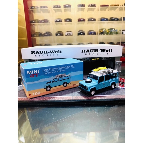 Mini GT No 109 Land Rover Defender 110 Light Blue w/ Surfboard Open Sealed