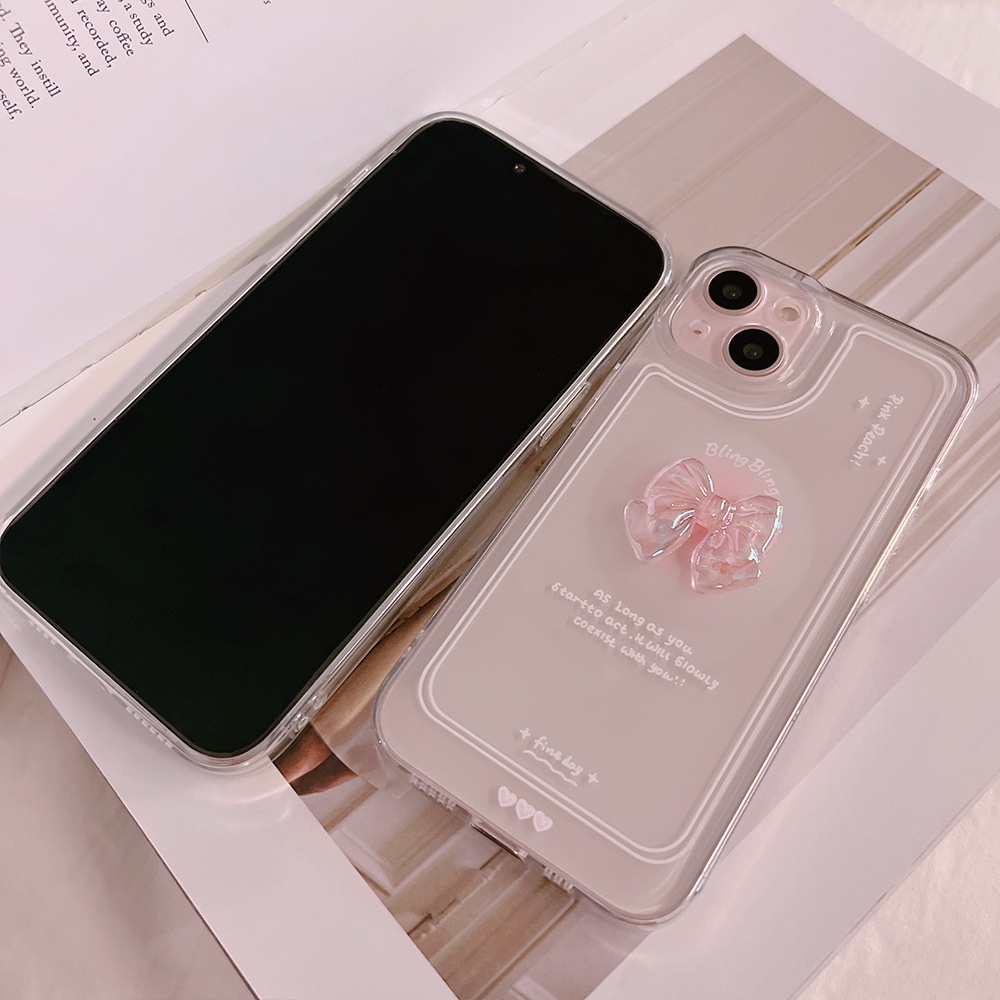 Soft Case Pelindung Desain Pita Kristal Pink 3D Transparan Untuk Iphone 7 8 PLUS X XR XS 11 12 13 14 MINI PRO MAX SE 2020