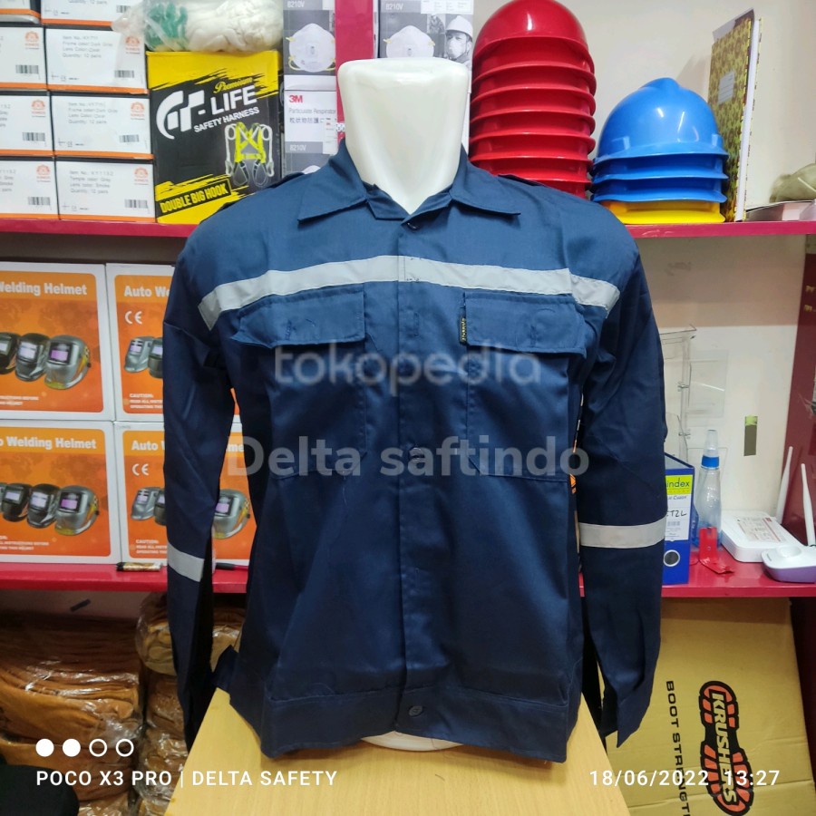 Baju Safety Kerja Proyek Lapangan Tambang Biru Navy Seragam Proyek K3