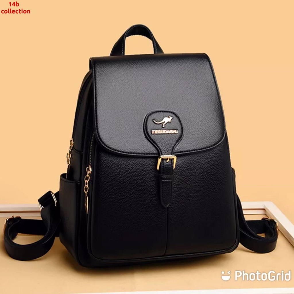 backpack bloomies kulit premium wanita school elegant ransel tutup kanguruu