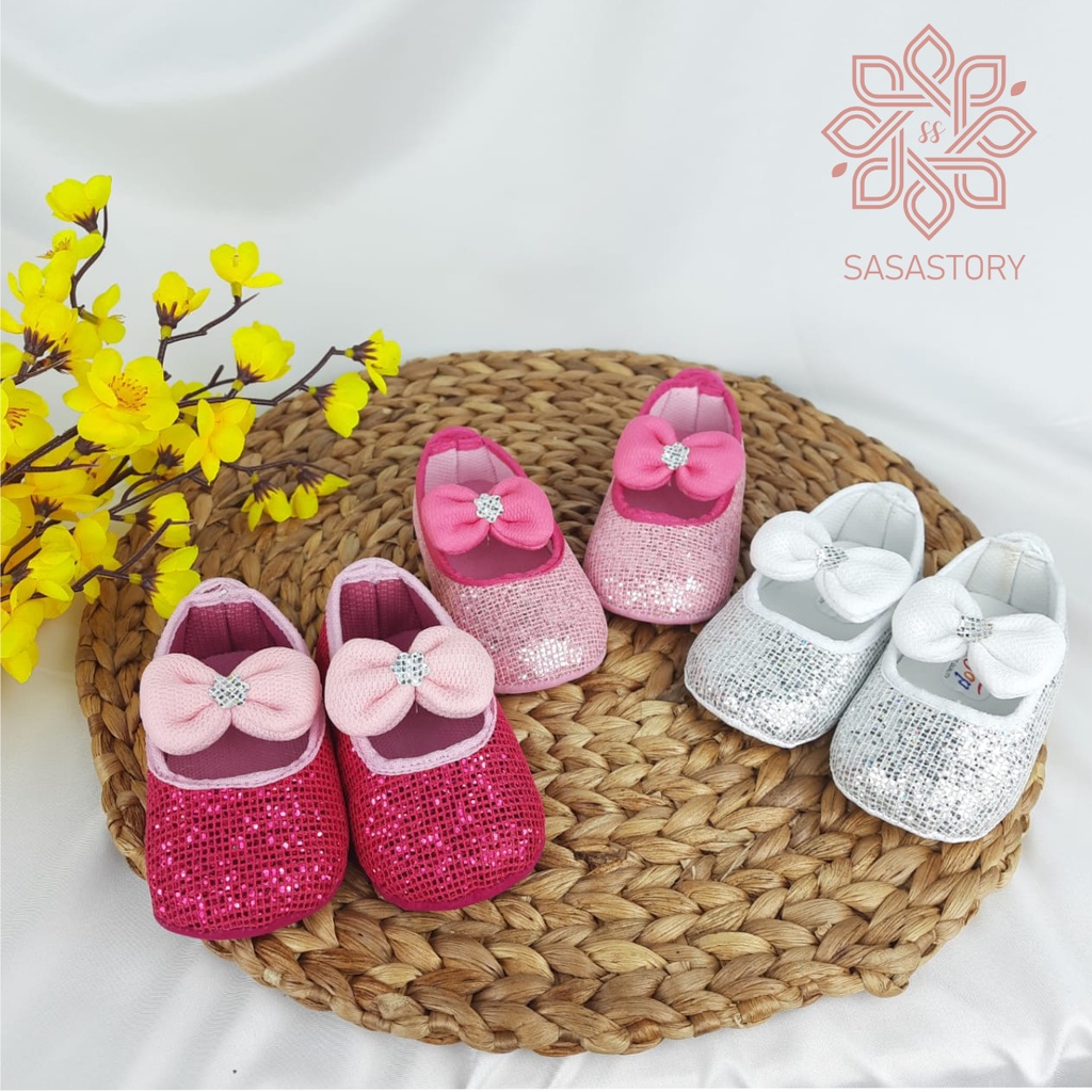 SEPATU PREWALKER BABY BAYI ANAK PEREMPUAN 0-12 BULAN GEL MANIK PITA BLING BLING FP06