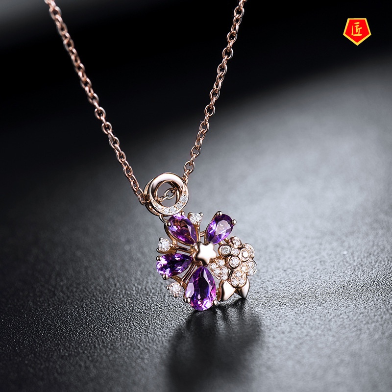 [Ready Stock]Gemstone Rose Pendant 18K Rose Gold Elegant Noble Fashion