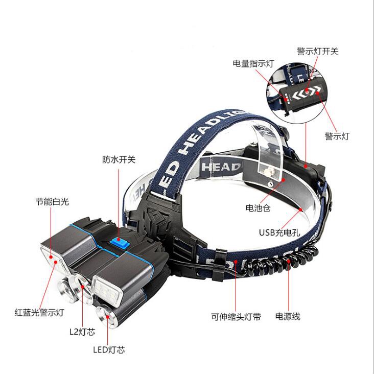 G8A albinaly senter kepala headlamp cree xm-l2 + 2xpe + red blue led - tg-007 - black Or-i