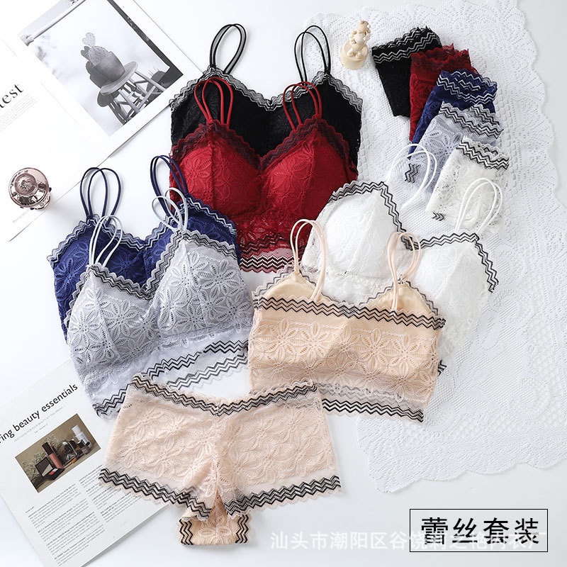 TF SET Bra Dan Celana dalam Korea Fashion Zig Zag Pakaian Dalam Wanita Bh Tanpa Kawat Renda Bra Sexy