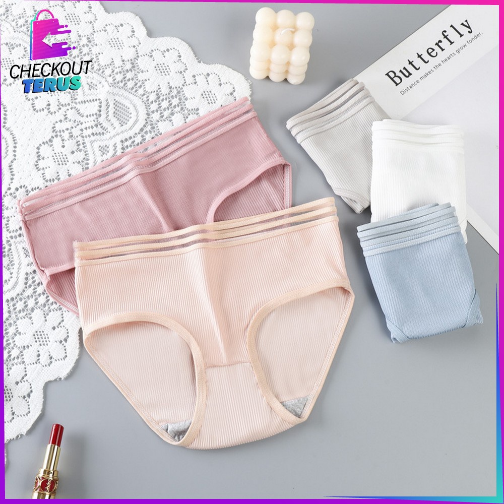 CT P126 Celana Dalam Wanita Garis Motif Polos Pakaian Dalam Wanita Panties Segitiga Impor