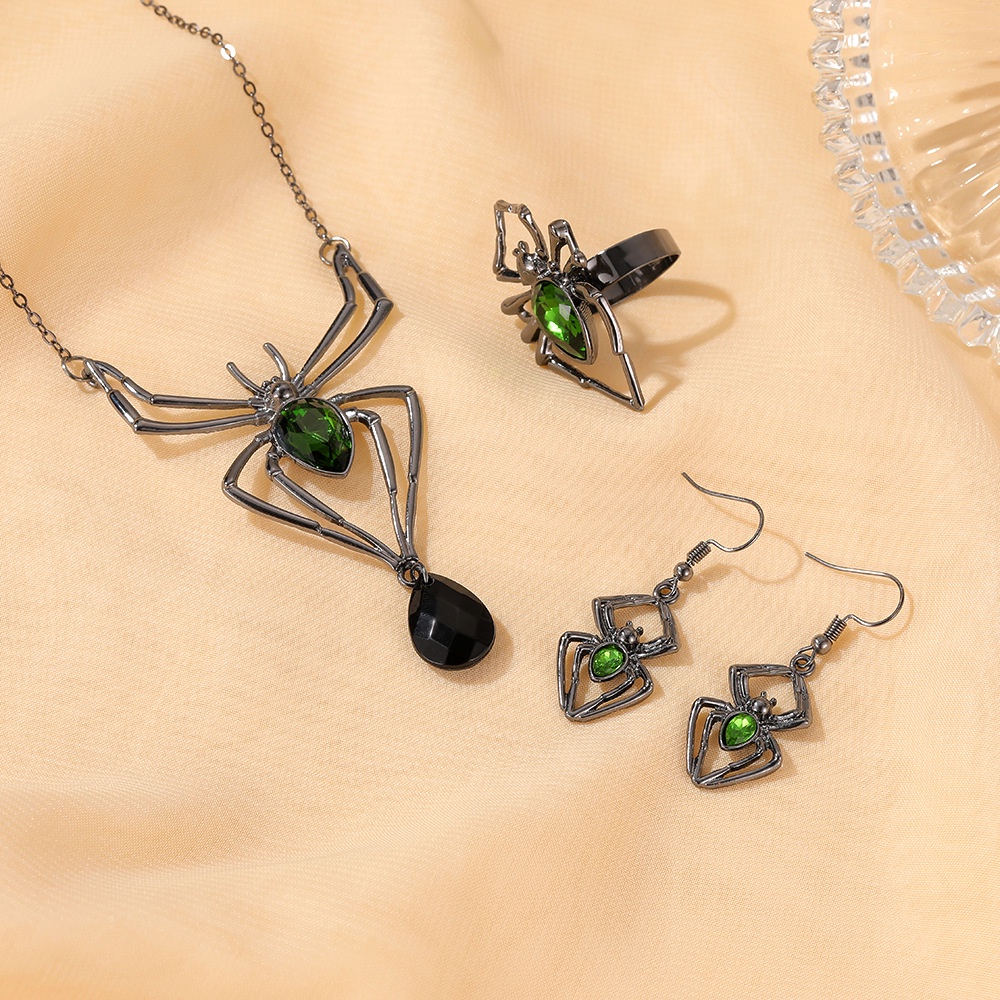 Halloween Jewelry Exaggerated Three-piece Spider Necklace Earrings Ring Retro Emerald Set Accessories